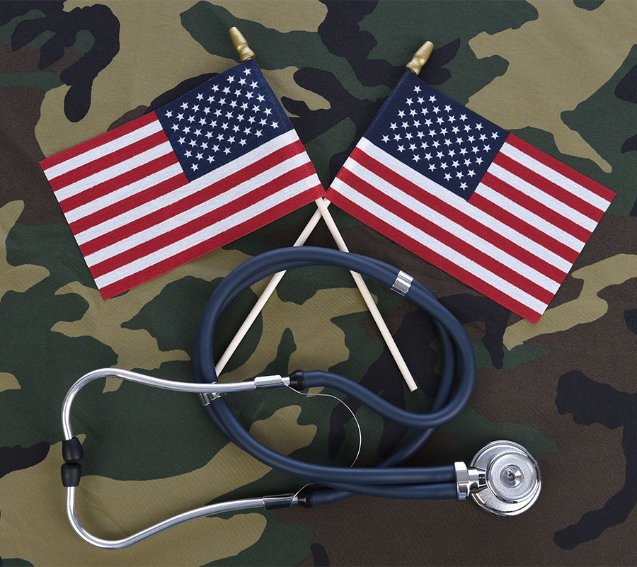 Camo background with a flag and stethoscope on top